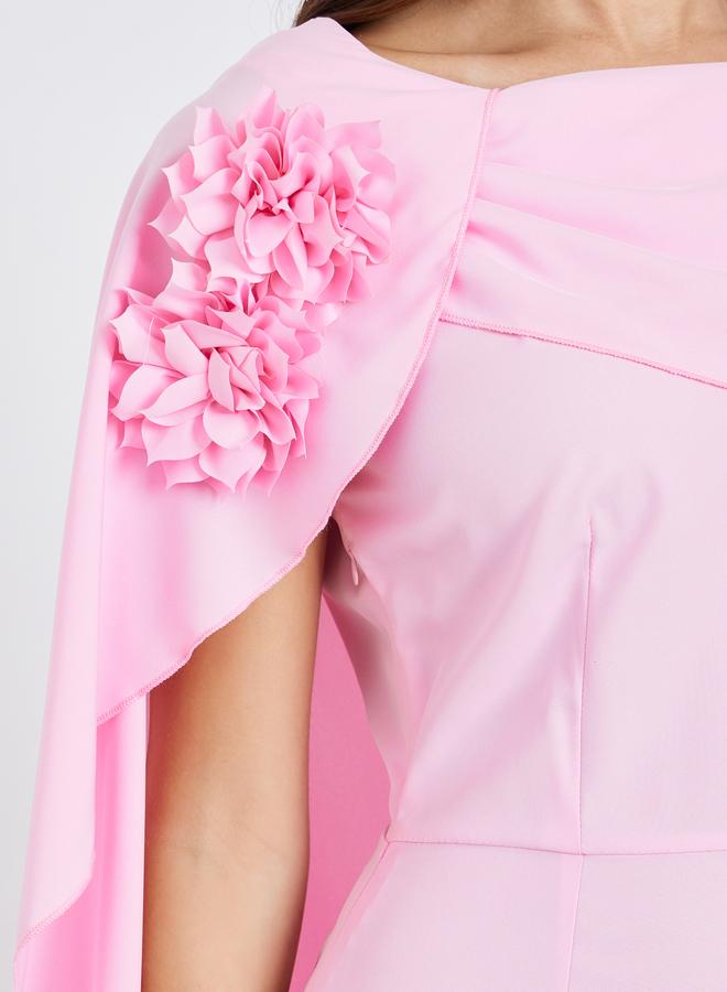 Styli Women Pink Floral Detail Cape Detail Midi Dress - Image 3